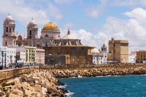 View of the coastal town of Cadiz and Cadiz Cathedral